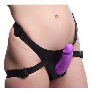 Double Charmer Silicone Double Dildo with Harness Mov pe Vibreaza.ro