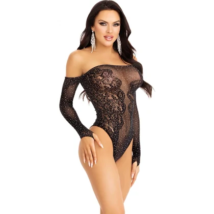 Teddy Pe Umeri Lăsați cu Cristale şi Dantelă Leg Avenue Negru XS-L