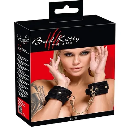 Cătușe Bad Kitty Negre Catifelate cu Lanț Auriu Detașabil Negru