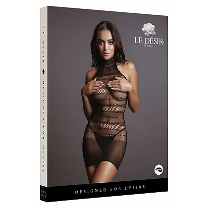 Le Desir High Lace Neck Net Mini Dress Negru S-L